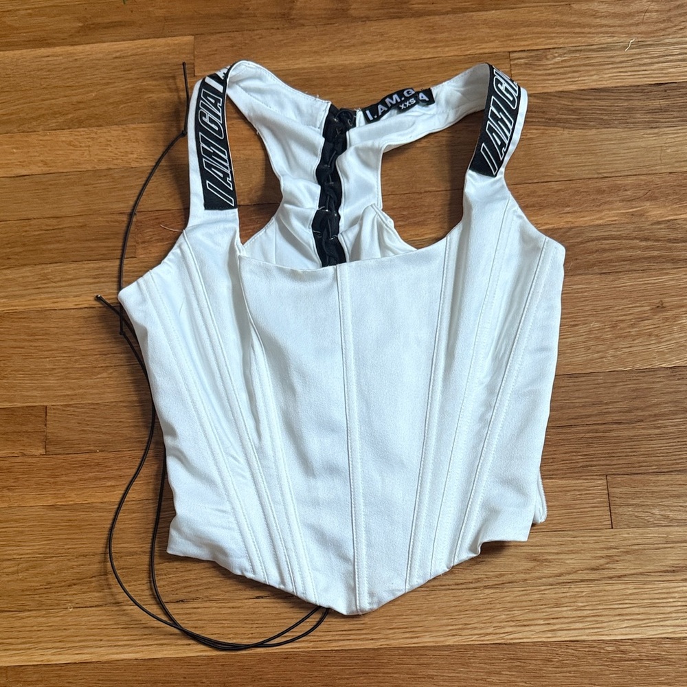 I.AM.GIA White Corset with Black Logo Straps